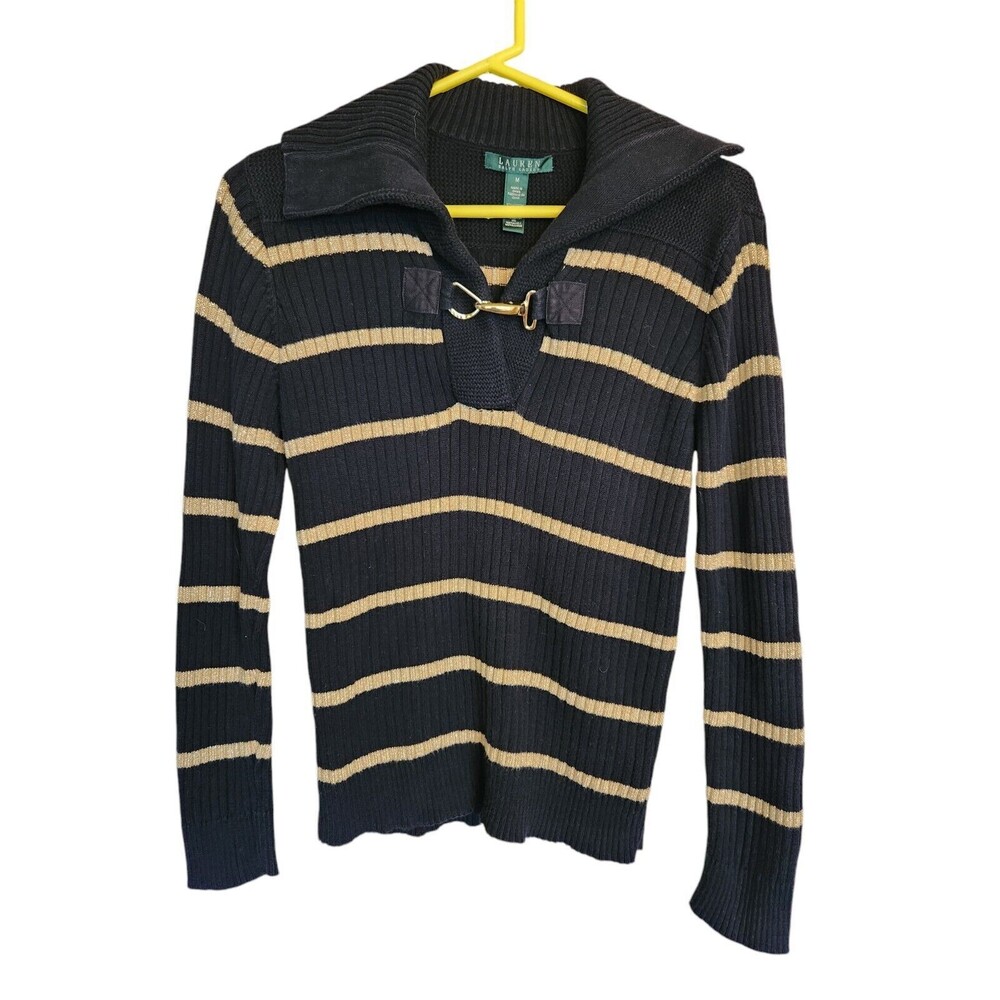 Lauren Ralph Lauren Size Medium Dark Blue Gold Metallic Stretchy Sweater